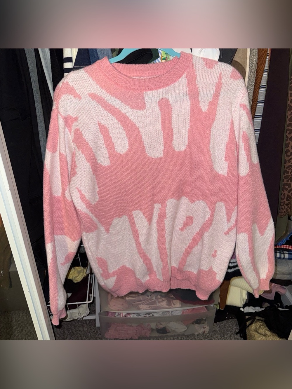 SHEIN Pink and White Abstract Knit Sweater